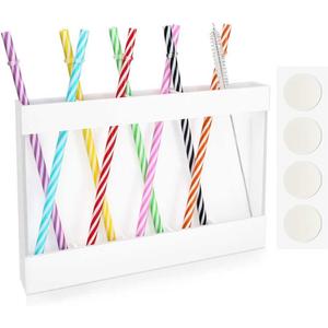 Acrylic Straw Holder for Cabinet Door With 8 Color Straw Transparent Organizer Storage Kitchen Accessories Container Ultra Sticky Cupboard Door Mounted (White)