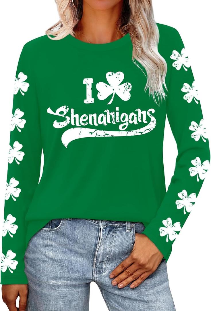 St Patricks Day Shirt Women Shamrock Shirts Lucky Irish Clover Tshirts Saint Patricks Day Long Sleeves (Green, M)