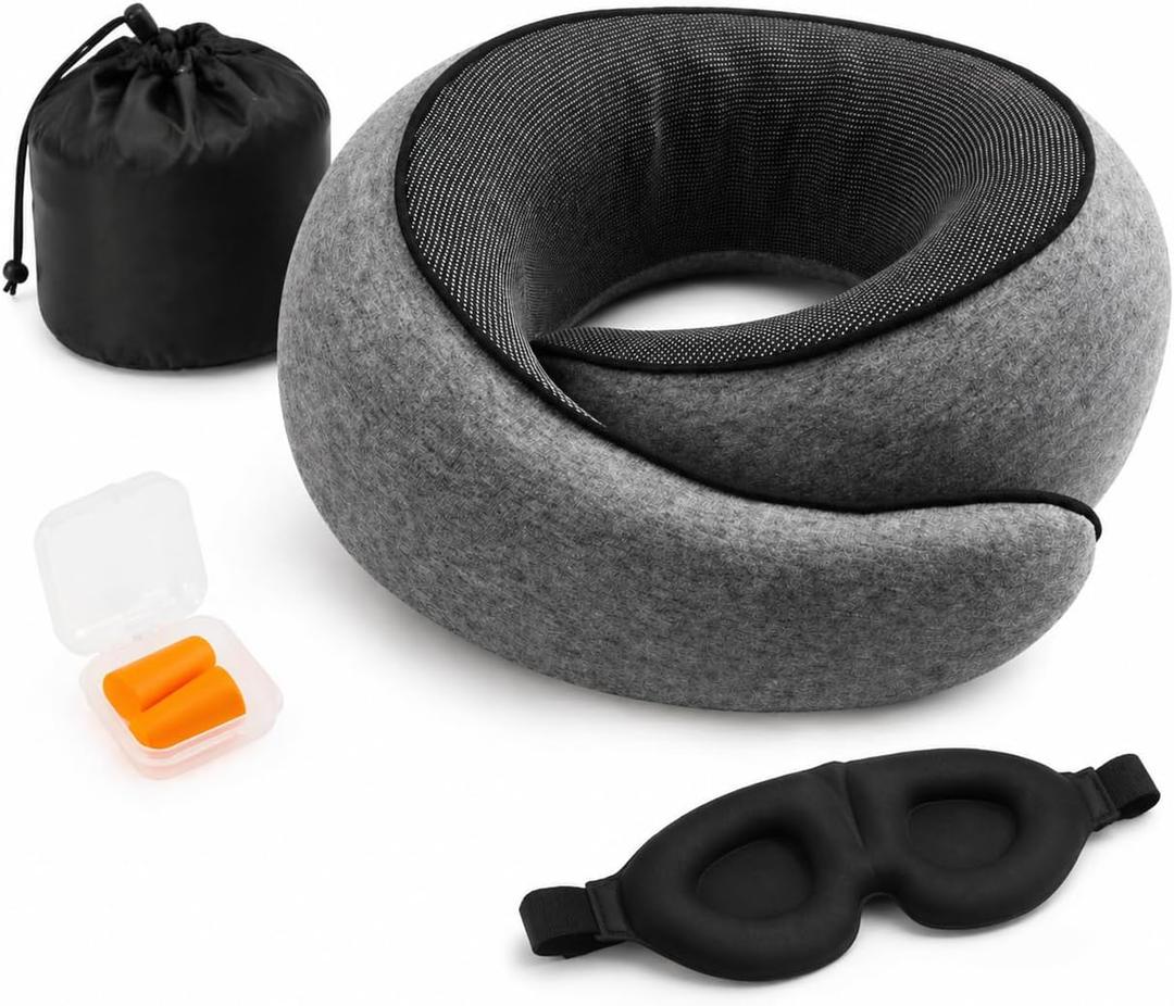 Travel Pillow for Airplanes for 100% Pure Memory FoamErgonomic Contoured Support Neck Pillow,Compact Sleep Essential for Cars, Office Naps & Home Use, Includes Eye Mask, Earplugs