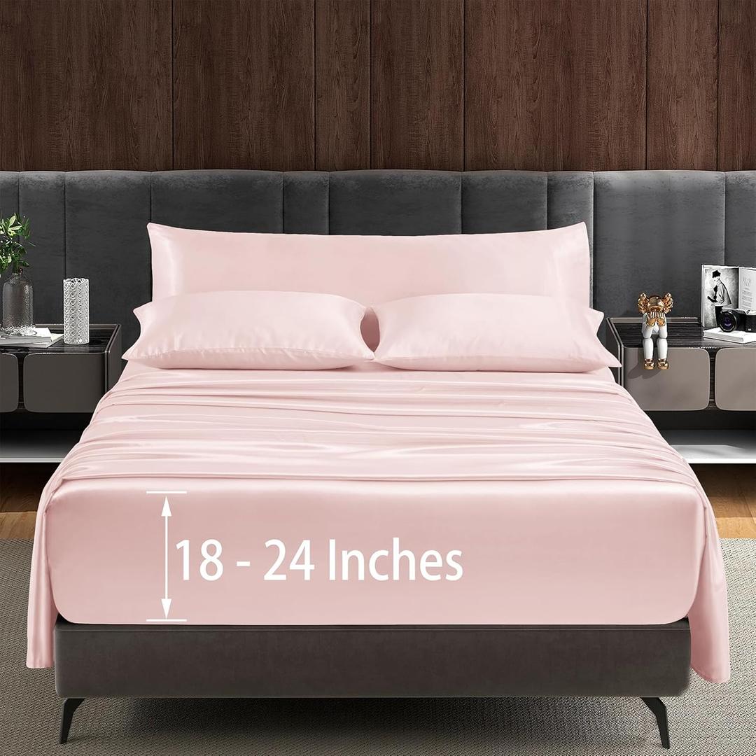 Entisn 5Pcs Extra Deep Pocket Satin Sheets California King Bed Set - Up to 24" Mattress, Luxury & Ultra Soft Bedding Sheets Set, Silky Satin Bed Sheets with Body Pillow Cover - Blush Pink
