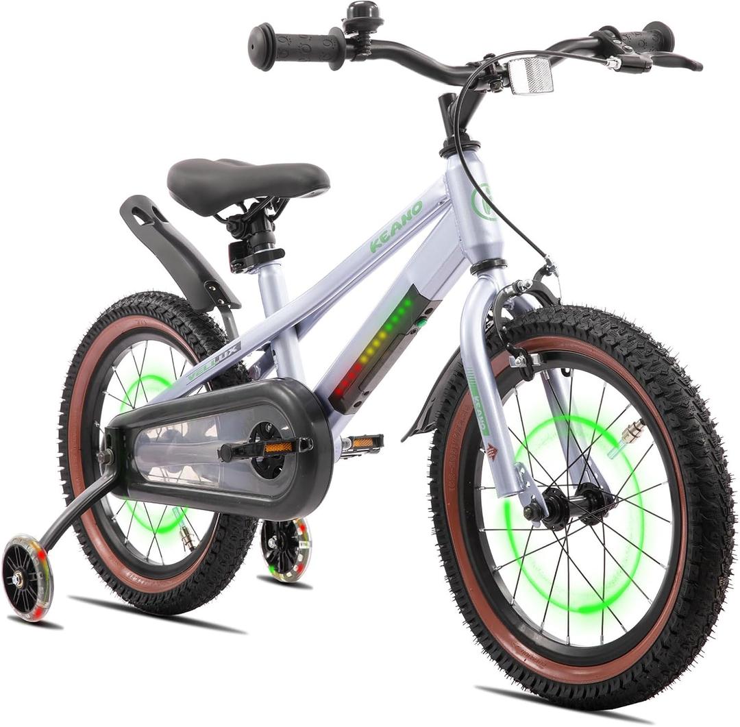 KEANO 16" Kids Bike for 4-7 Yrs, Light-Up Training Wheels, Gray