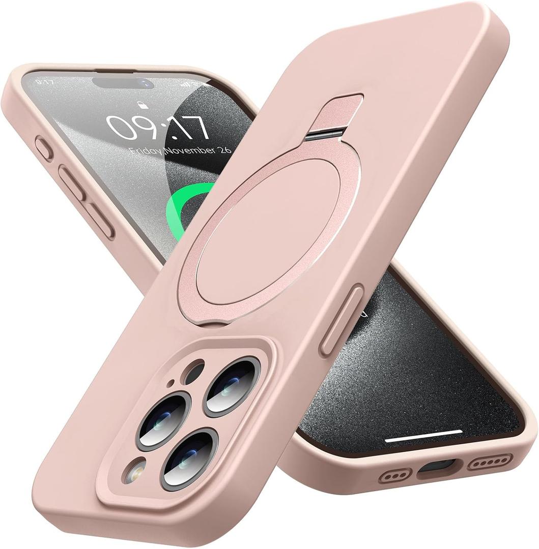 Mag-Ring Designed for iPhone 15 Pro Case, Liquid Silicone [Moisturizing Factor] Extreme Soft Slim Phone Case with Stand [Compatible with MagSafe] for iPhone 15Pro 6.1 inch Men Women, Light Pink