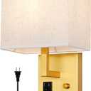 Plug in Wall Sconce, Bedside Wall lamp with Plug and dimmable Switch, with USB Charging Port and Socket, Suitable for Hotel, Corridor, Living Room and Bedroom Wall Light (Golden)