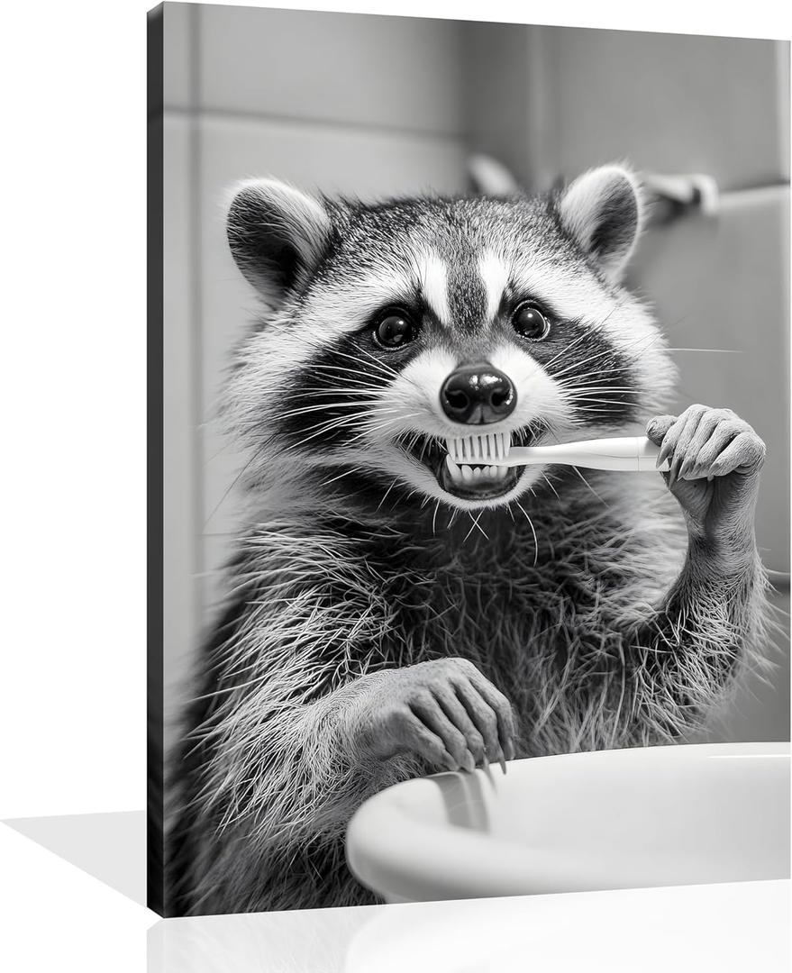 OWNANRTHM Raccoon Bathroom Canvas Wall Art Funny Animals Bathroom Pictures Raccoon Brushing Teeth Bathroom Painting Black and White Animals Bathroom Poster for Bathroom Restroom Wall Framed 12X16 inch (16L" x 12W")