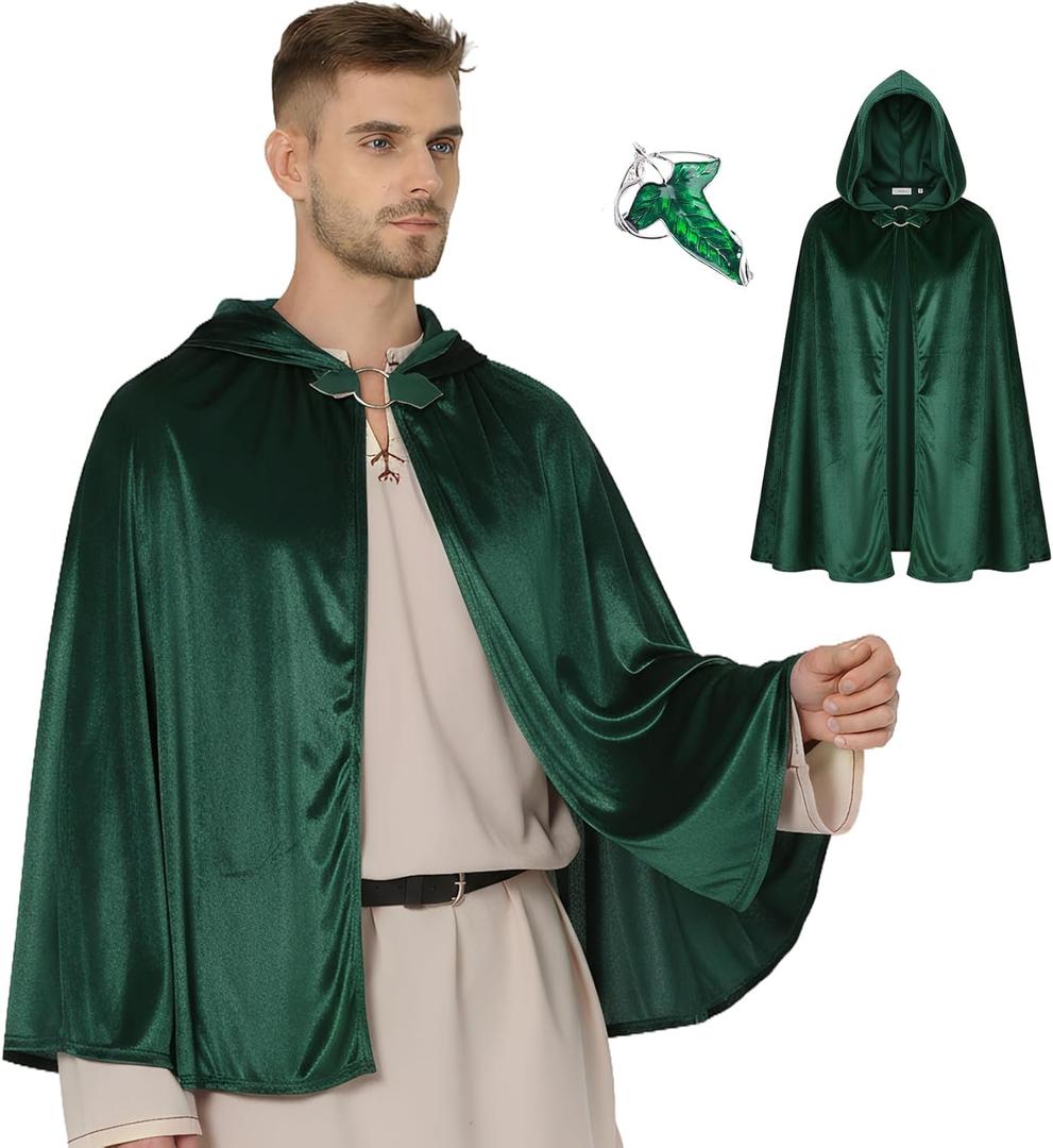 Halloween Medieval Renaissance Elf Hooded Cloak Green Leaf Brooch for Men and Women Party Cosplay Dress Up(Dark Green)