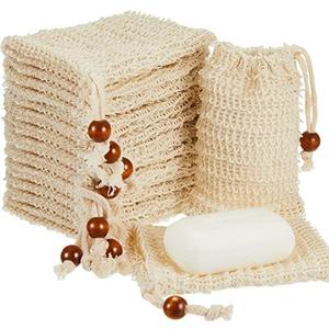 Cunhill 8 Pack Soap Saver Bag Exfoliating Sisal Soap Pouch with Drawstring Bar Wooden Bead Foaming and Drying Exfoliating Net for Bath and Shower (3.5x5.5 Inch)