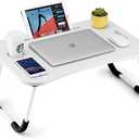 FISYOD Foldable Laptop Table, Portable Lap Desk Bed Table Tray, Laptop Stand with Cup Holder & Tablet Slot & Lifting Handle for Working Writing Drawing & Eating (White)