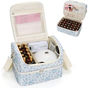 CUBETASTIC Nail Polish Organizer, Nail Supplies Storage Case Holds 45 Bottles Nail Polish & Nail Lamp, Travel Nail Tech Carrying Bag, Nail Kit Bag For Nail Stuff & Manicure Tools (Blue Floral)