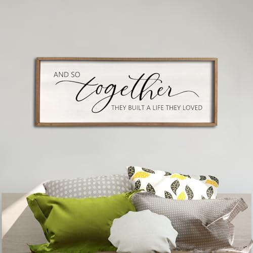 comurdyo And So Together They Built A Life They Loved Framed Wood Farmhouse Sign - 40'X15' Master Bedroom Above Bed Wall Art for Love Sign Decor (Wood)