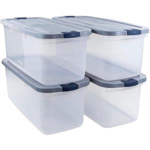 Rubbermaid Roughneck Clear 95 Qt/23.75 Gal Storage Containers, Pack of 4 with Latching Grey Lids, Visible Base, Sturdy and Stackable, Great for Storage and Organization (95 Qt - 4 Pack)
