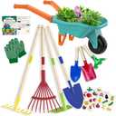 Qtioucp Kids Gardening Set with Wheelbarrow, Real Metal Garden Tools for Kids Ages 3-8, 4 Long Handle Tools, 3 Hand Tool, Gloves, 5 Stickers, Handbook, Outdoor Backyard Toys for Toddler Gift (Green)