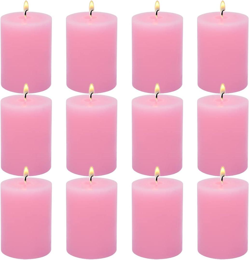 12 Pack 2x3 Inch Pink Pillar Candles for Romantic Valentine's Day, Unscented Column Candles for Home Restaurants Spa Church Weddings, Smokeless Dripless and Clean Burning Emergency Candle