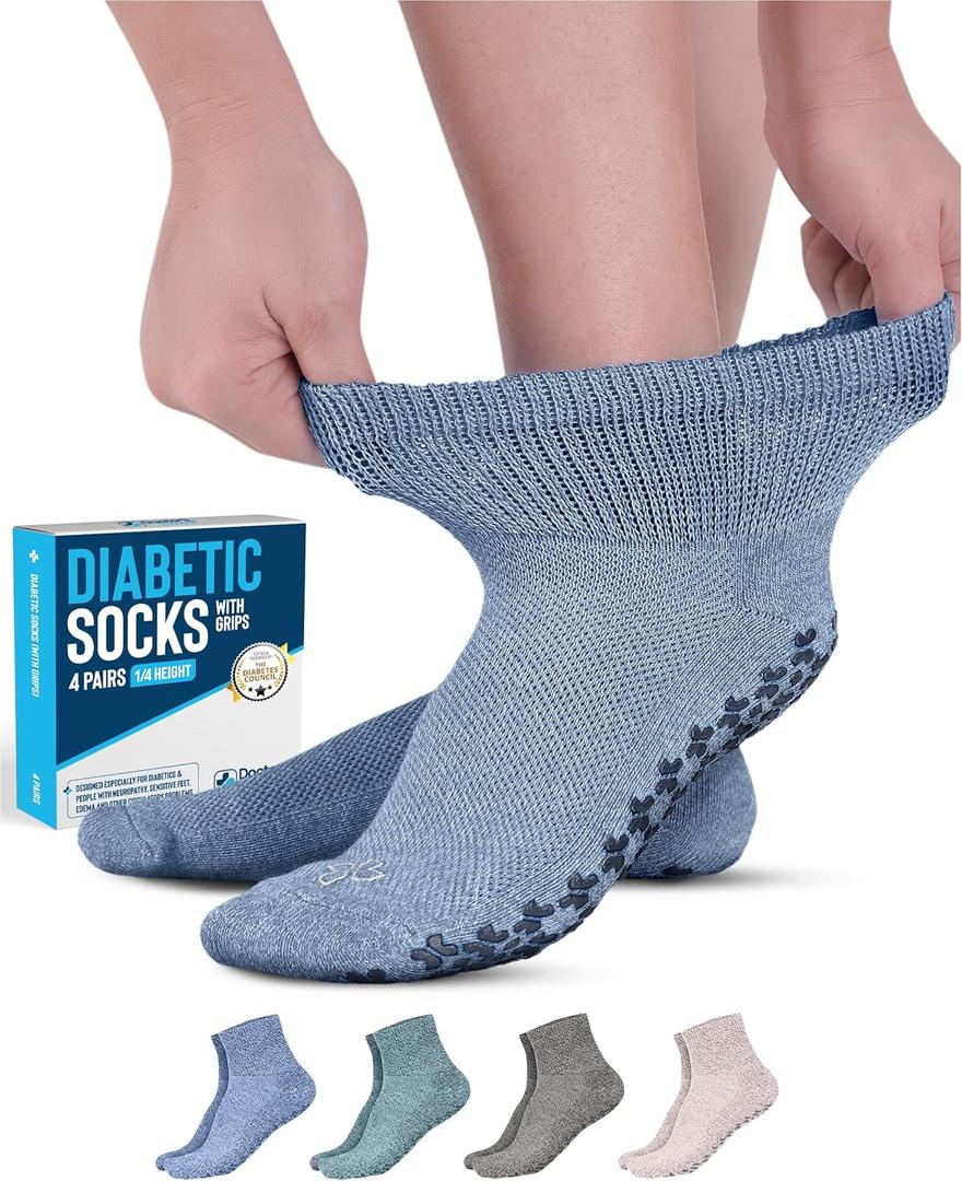 Doctor's Select Diabetic Ankle Socks with Grippers for Men and Women - 4 Pair 1/4 Length Neuropathy Socks for Women (Large, Blue/Tan/Aqua/Brown - 4 Pairs)