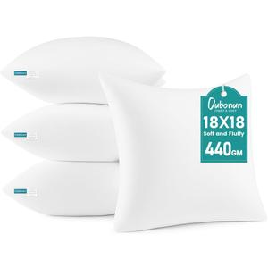 Oubonun 18 x 18 Throw Pillow Inserts - Soft, Plush & Decorative Down Alternative Pillows for Couch Sofa Bed, Machine Washable - White, Pack of 4