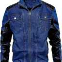 INVACHI Men's Denim Jacket Vintage Jean Trucker Jacket with Leather Patchwork Multiple Pockets L