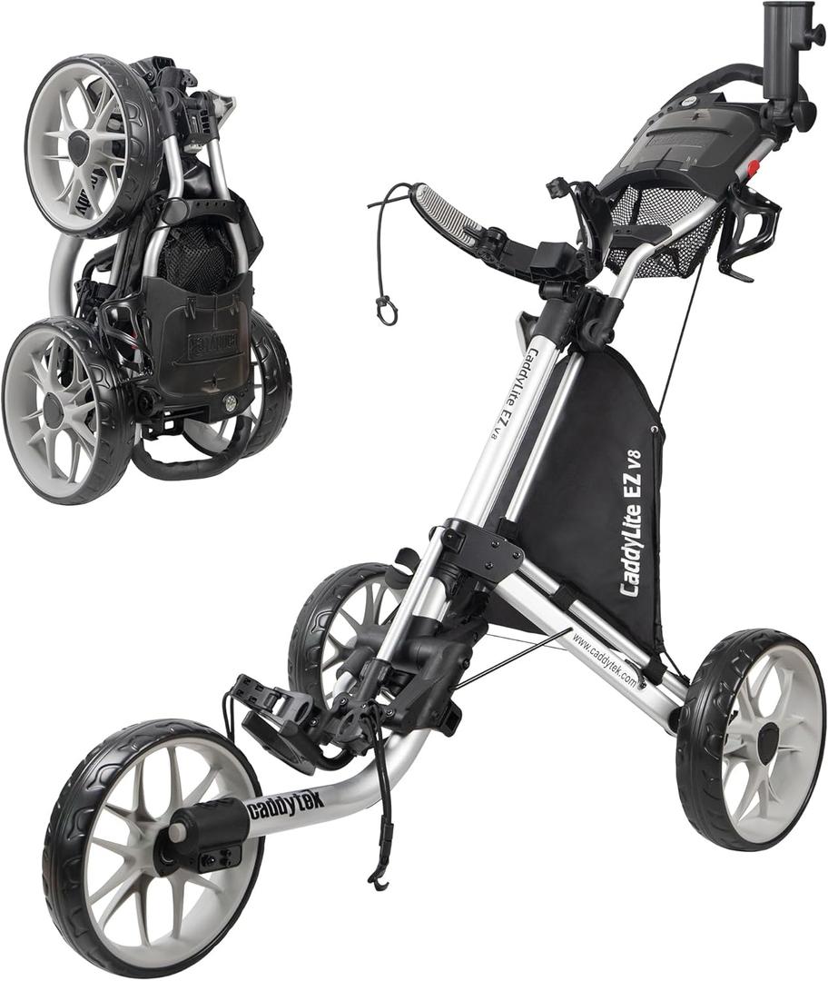 Caddytek CaddyLite EZ V8 Golf Push Cart - Lightweight 3 Wheel Foldable Cart with One-Click 2-Step Folding, EVA Wheels, Adjustable Handle, Cooler Basket, Umbrella & Drink Holder, Compact Golf Cart (Silver)