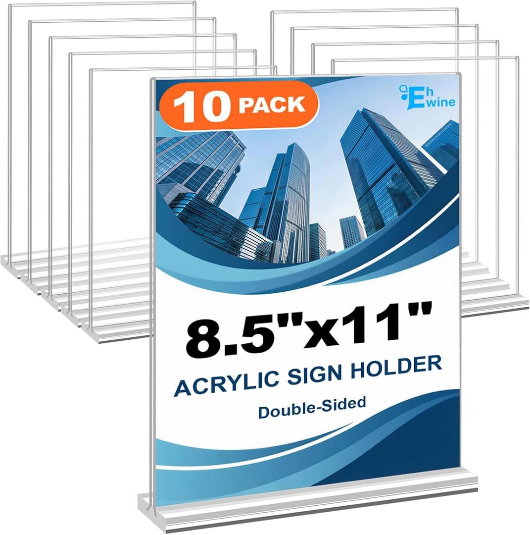 EHWINE Acrylic Sign Holder 8.5 x 11, 10 Pack Double-Sided Stand up Table Top Sign Holders, Clear Acrylic Picture Frame Menu Flyer Paper Holder Display Stand for Office Business Store Wedding Party