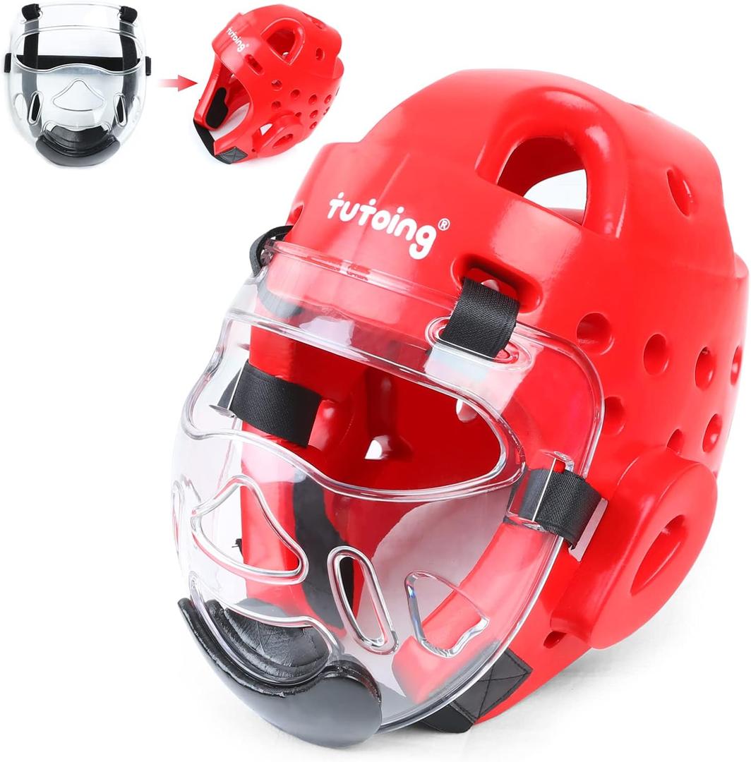 Kids Adults Karate Headgear MMA Martial Arts Helmet, Removable Face Shield, Soft Head Gear for Sparring Grappling Muay Thai Kickboxing Taekwondo Training (Small, Red)