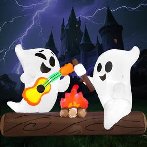 Joiedomi 6ft Long Halloween Inflatable Ghost Outdoor Decoration, Cute Blow Up Ghost Roasts Cotton Candy Over Campfire with LED, Halloween Blow Up Yard Decoration for Holiday Party Garden Lawn Decor