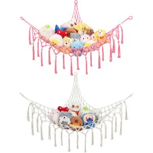 GCRQ Stuffed Animal Hammock Corner Storage Net, 2-Pack Heavy-Duty Cotton Handwoven Large Plushie Net with Metal Anchors & Hooks | Kids Bedroom & Nursery Wall Decor (Cream)