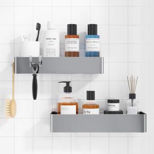 Kitsure Shower Caddy - 2 Pack Adhesive Shower Organizer, Rustproof Metal Shelves, No-Drill Bathroom Organizers and Storage, Silver Grey, Large