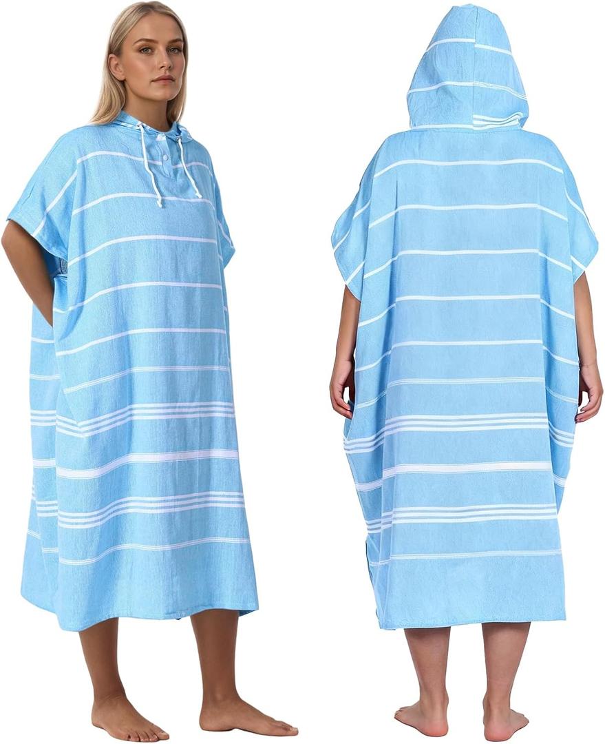 1pcs Cotton Turkish Towel Poncho Turkish Surf Poncho Changing Towels Wearable Beach Towel Hooded Swim Robe with Pocket Swim Cover Up for Adult Man Women Surf, Beach, Pool and Swim (Blue, L)