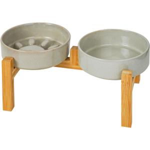 Elevated Slow Feeder Ceramic Dog Bowls Set for Meduim Size, Raised 2.7" Height, Cute Paw Slow Feeding Food Bowl and Water Bowl with Stand for Medium Breed, Size 6.3" Dx2 H, Non Slip, Grey