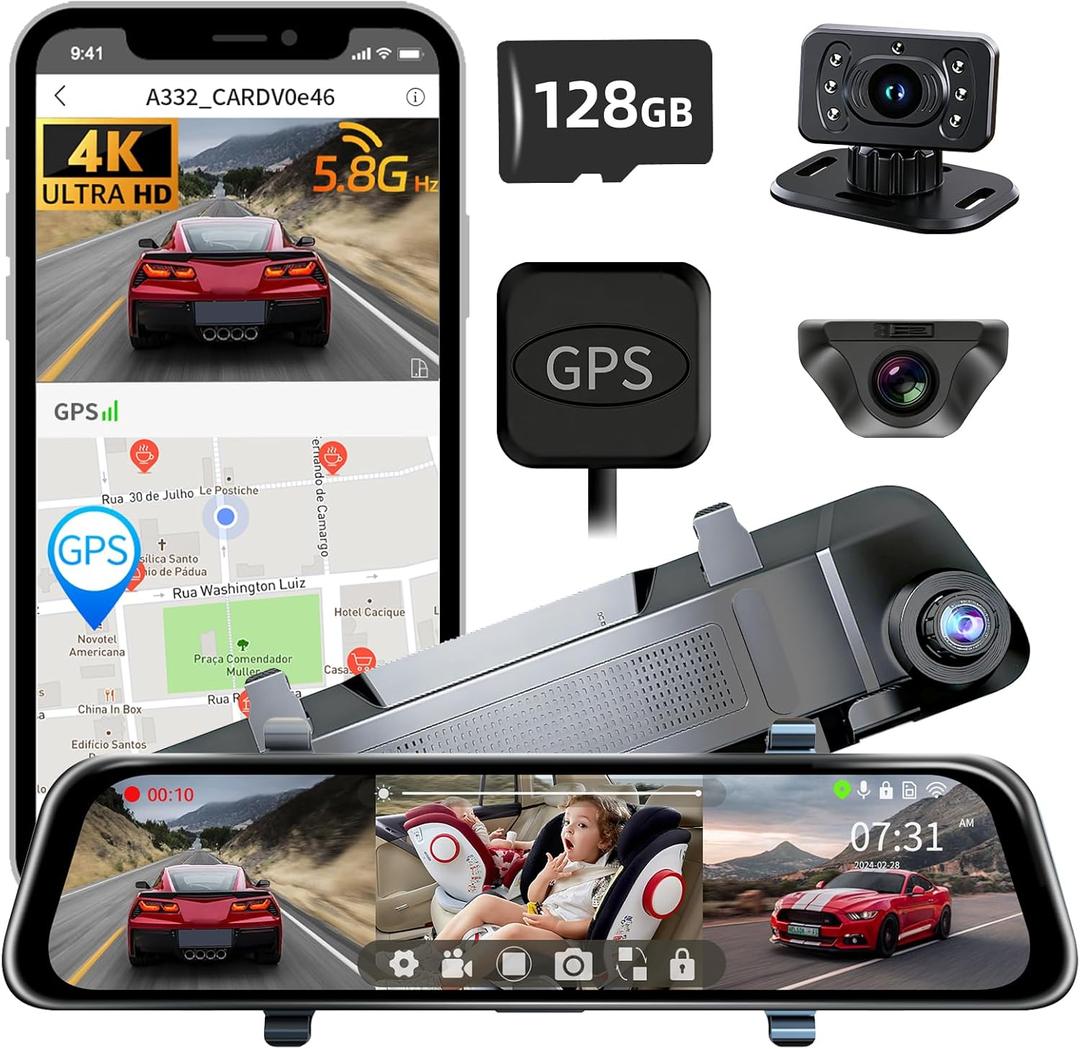 L09 Mirror Dash Cam with STARVIS 2 Sensor, Rear View Mirror Camera 5.8GHz Fast WiFi, 4K Front 2.5K Rear 1080P Inside Backup Camera for Car, GPS, WDR&HDR Night Vision, 12" IPS Screen, with 128G SD Card