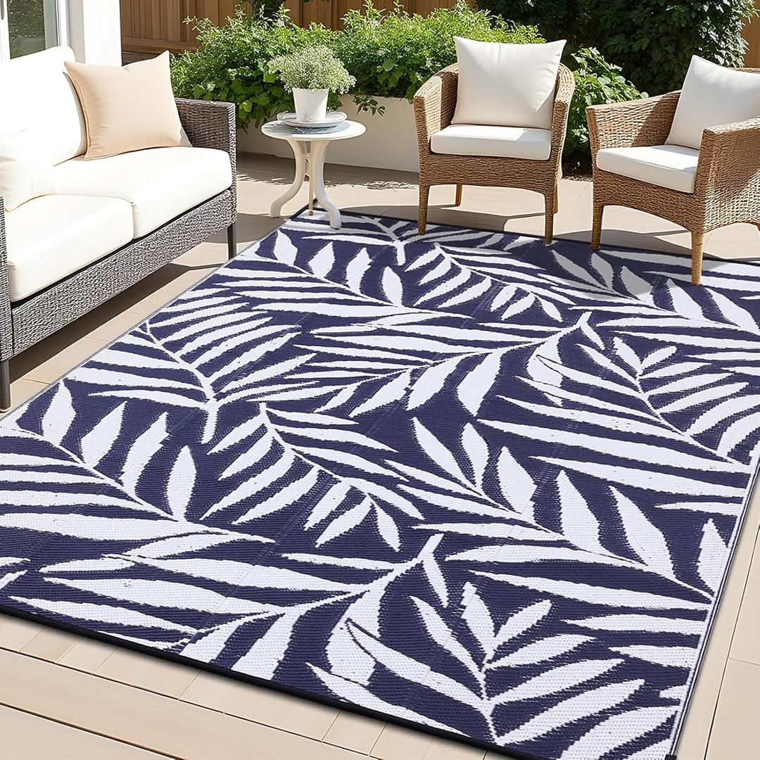 OLANLY Waterproof Outdoor Rug 9x12 ft, Reversible Outdoor Plastic Straw Rug with Leaf Pattern, RV Mat, Indoor Outdoor Carpet for Patio, Camping, Balcony, Deck, Backyard, Navy & White