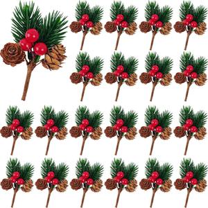 GXXMEI 30PCS Christmas Floral Picks, Pine Cone Holly Berry Stems for Crafts, Artificial Christmas Picks and Sprays, Red Berry Branches Greenery for Christmas Home Decor, Garland, Wreath