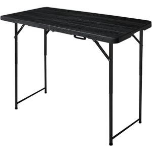4ft Folding Table, Portable Fold-in-Half Adjustable Height Utility Table for Indoor/Outdoor Use, Durable HDPE & Steel, Stable & Lightweight, Multi-Purpose, Black Woodgrain