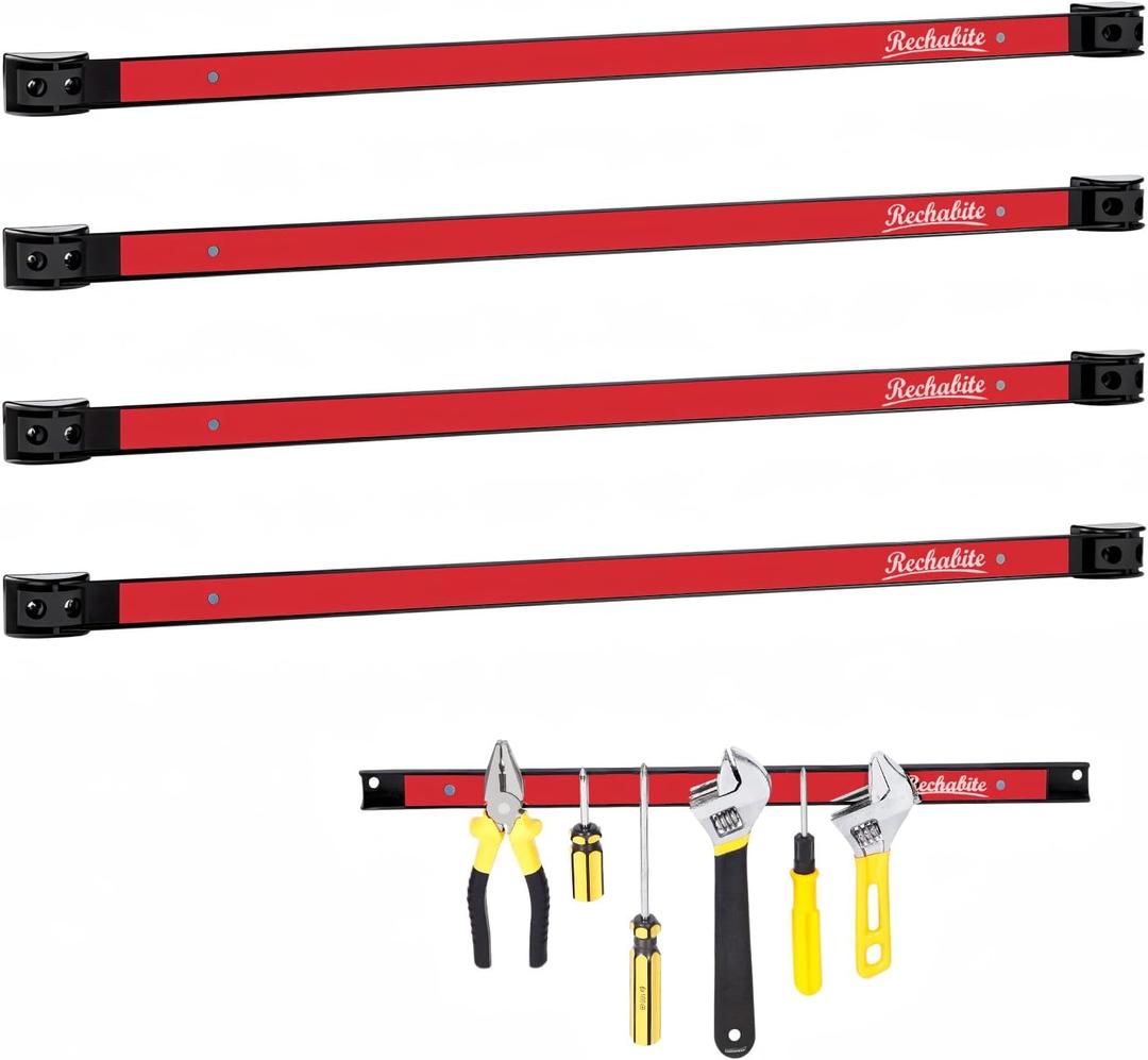 Rechabite 4 Pieces 24" Magnetic Tool Holder Strip, Red Magnet Bar, Metal Tool Organizer Rack for Garage Organization, Easy To Install in Workshop, Mounting Screws Included