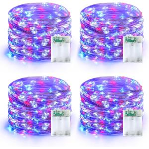 YEGUO 4 Pack Red White and Blue Fairy Lights Battery Operated - 16ft 50 LED 4th of July Twinkle Lights for Independence Day Patio Yard Tree Decorations