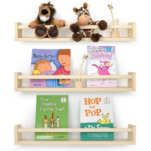 Nursery Book Shelves for Wall, 23.6 Inch Solid Wood Floating Nursery Bookshelf, Wooden Floating Shelves for Toys and Decor Storage, 23.6 Inch Set of 3 Natural Wood