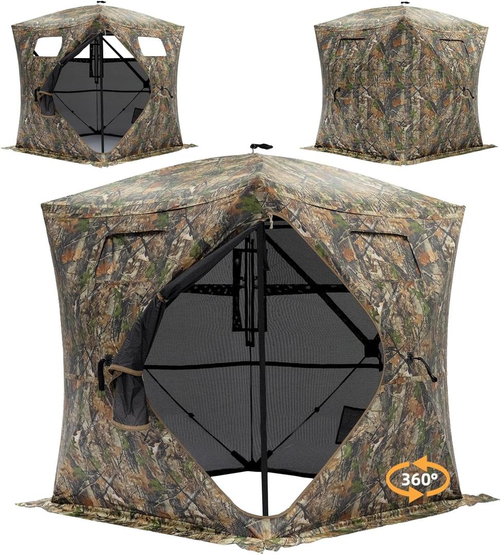 Hunting Blind - 2-3 Person & 3-4 Person 360 Degree See Through Ground Blinds for Hunting Deer and Turkey, Pop Up Deer Blind with Diamond-Shaped Door, Mud Flap, Portable Carry Bag