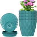 4 inch Small Plastic Nursery Pots, 5 Pack Water Ripples Flower Pots for Indoor Plants, Plant Pots with Drainage Holes and Saucers, Seedling Starter Planters for House Plants, Blue Green