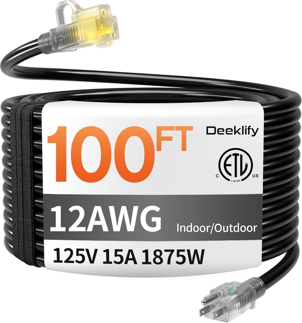 12 Gauge 100 FT Heavy Duty Outdoor Extension Cord Waterproof with Lighted End,Black 12 Gauge Extension Cord Flexible and Cold Resistant 3 Prong Grounded Plug,15Amp 1875W SJTW ETL Listed