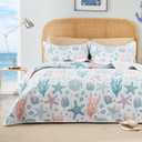 Love's cabin Quilts for Queen Coastal Pink Bedspreads Bedding Set - Summer Beach Nautical Quilt Lightweight Bedspread - Reversible Bedding Coverlet for All Season - 3 Piece (Full/Queen (90"x96"))