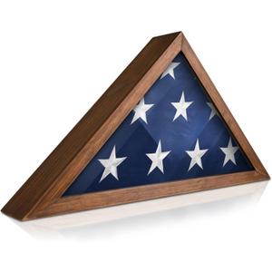 HBCY Creations Flag Display Case for 5' x 9.5' American Veteran Burial Solid Wood Rustic Brown Frame with Glass Front Wall Mount or Standing Display, Box