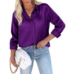 siliteelon Button Down Shirts For Womn Satin Women Blouse Silk Long Sleeve Dress Shirt Business Tops Office Work (Large, Purple)