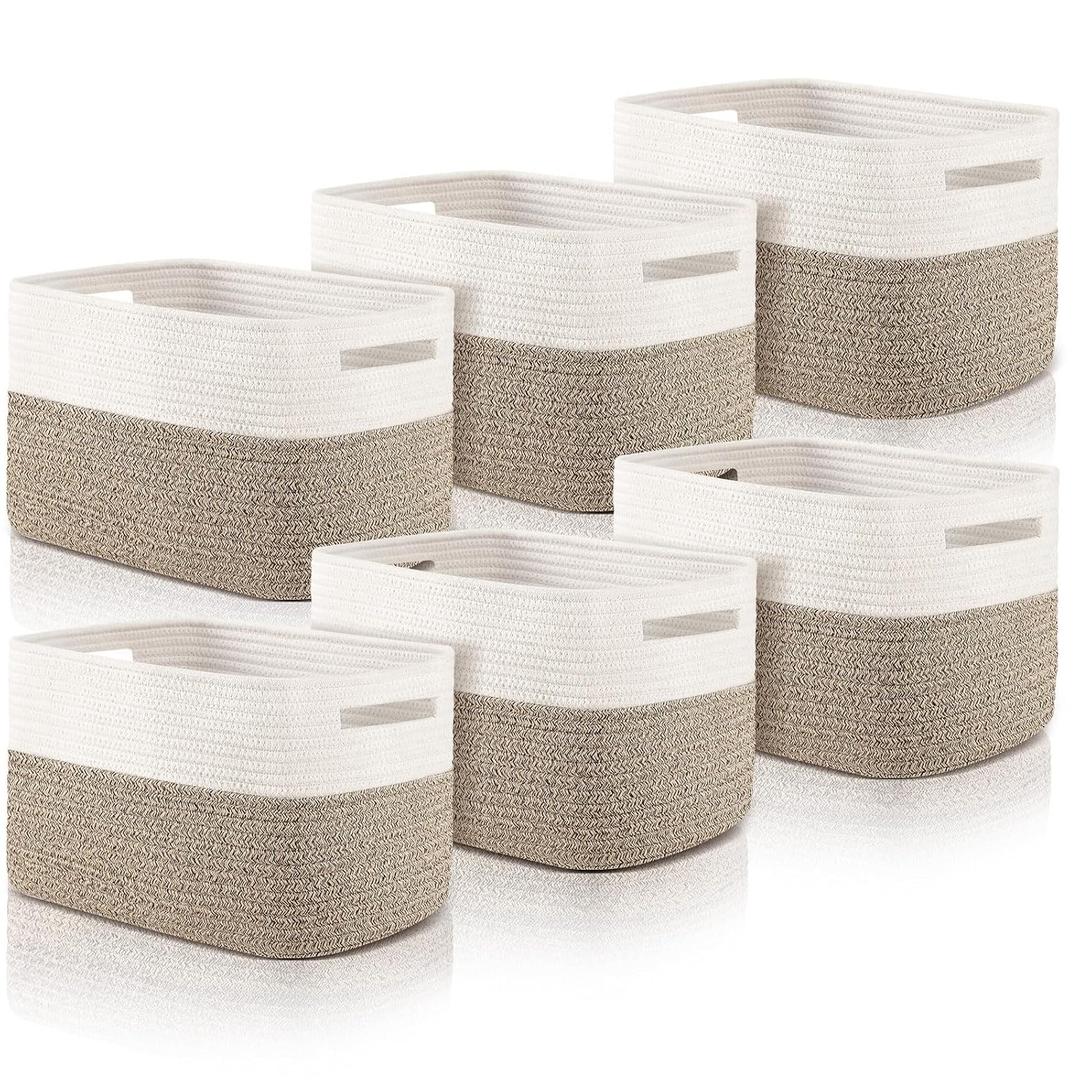 Geetery 6 Pack Storage Baskets for Organizing 14.8'' x 9.8'' x 8.9'' Woven Basket for Storage Cotton Rope Organizer Bins with Handle for Gifting Nursery Classroom Playroom(Light Brown)