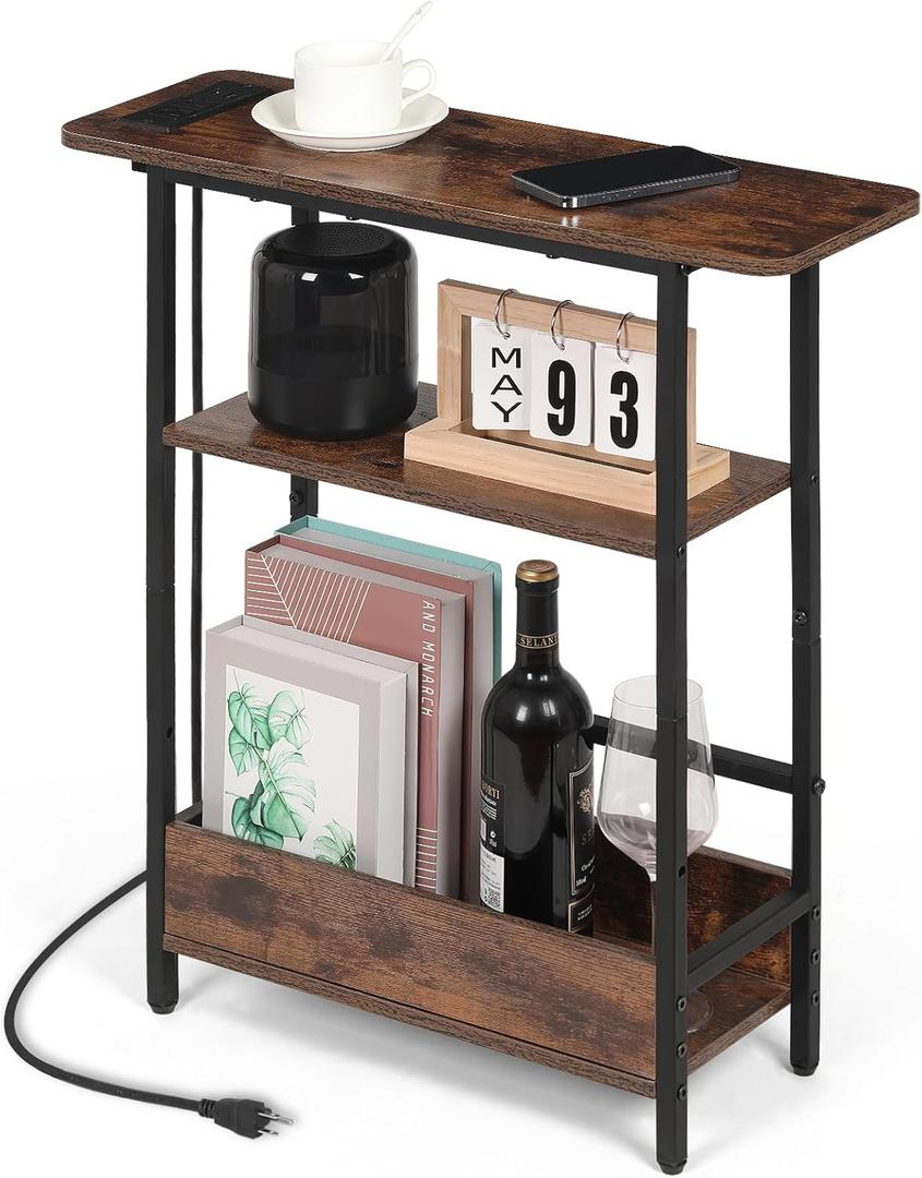 Narrow Side Table with USB-C Charging Station, 3-Tier Slim End Table with Magazine Holder, Modern Thin Side Table for Couch or Small Spaces, Skinny Nightstand for Living Room or Bedroom