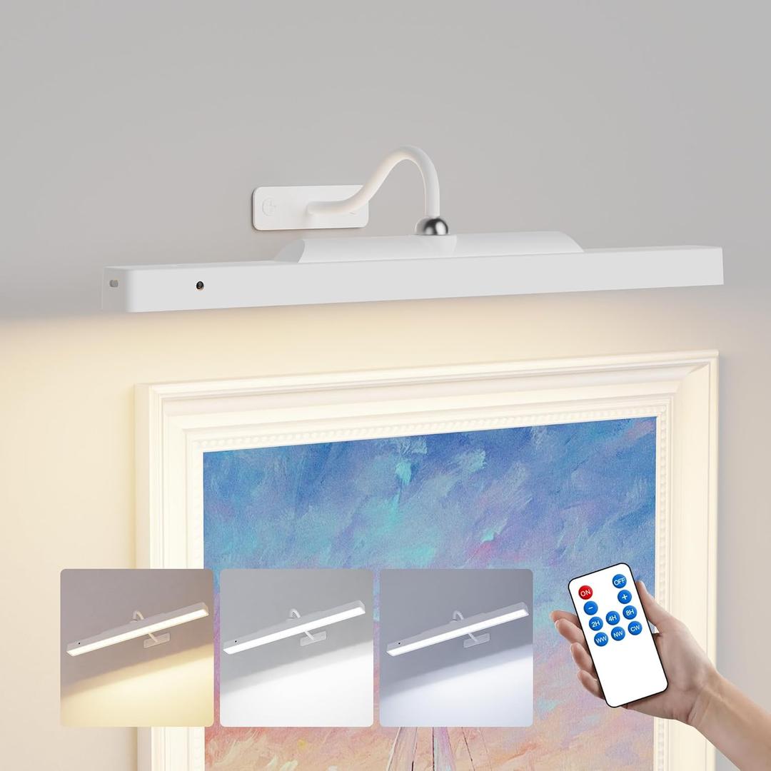 Rechargeable Picture Light for Wall Art White - 3 Color Temperatures,Remote Control & Adjustable Angle Wall Mount Battery Operated Wall Light for Paintings,Gallery,Frames,Photos (13H Runtime, 350LM)