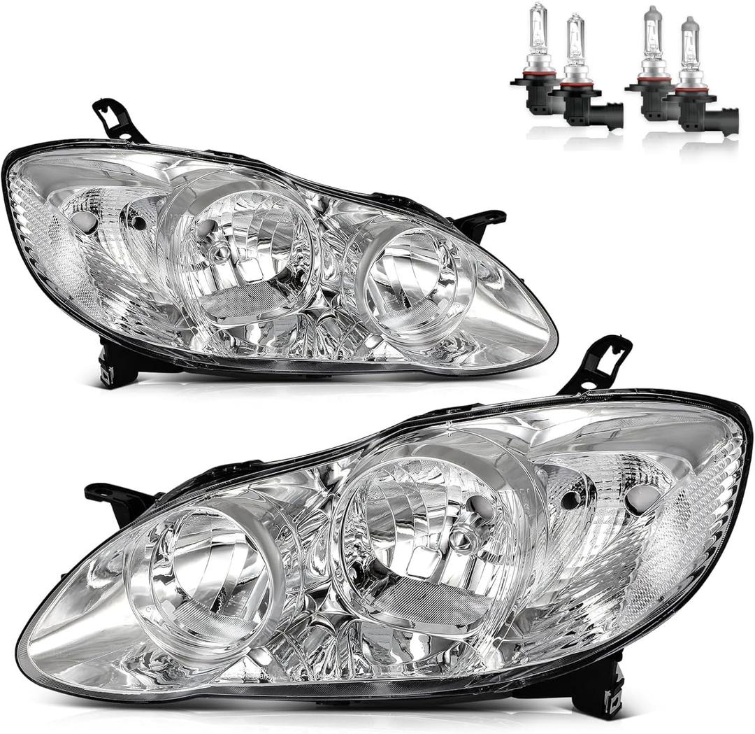 Headlights Assembly for 2003-2008 Toyota Corolla Headlamp Replacement Clear Lens Chrome Housing Amber Reflector Driver & Passenger Side (Chrome Housing | With High & Low Beam Bulbs)