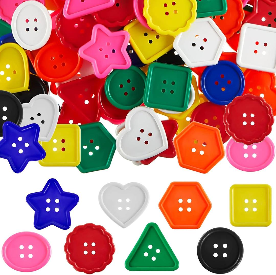 Taiyin 150 Pieces Big Bright Buttons for Kids 8 Vivid Colors and 8 Large Shapes for Crochet Knitting Arts and Crafts Projects Hand Made Gifts