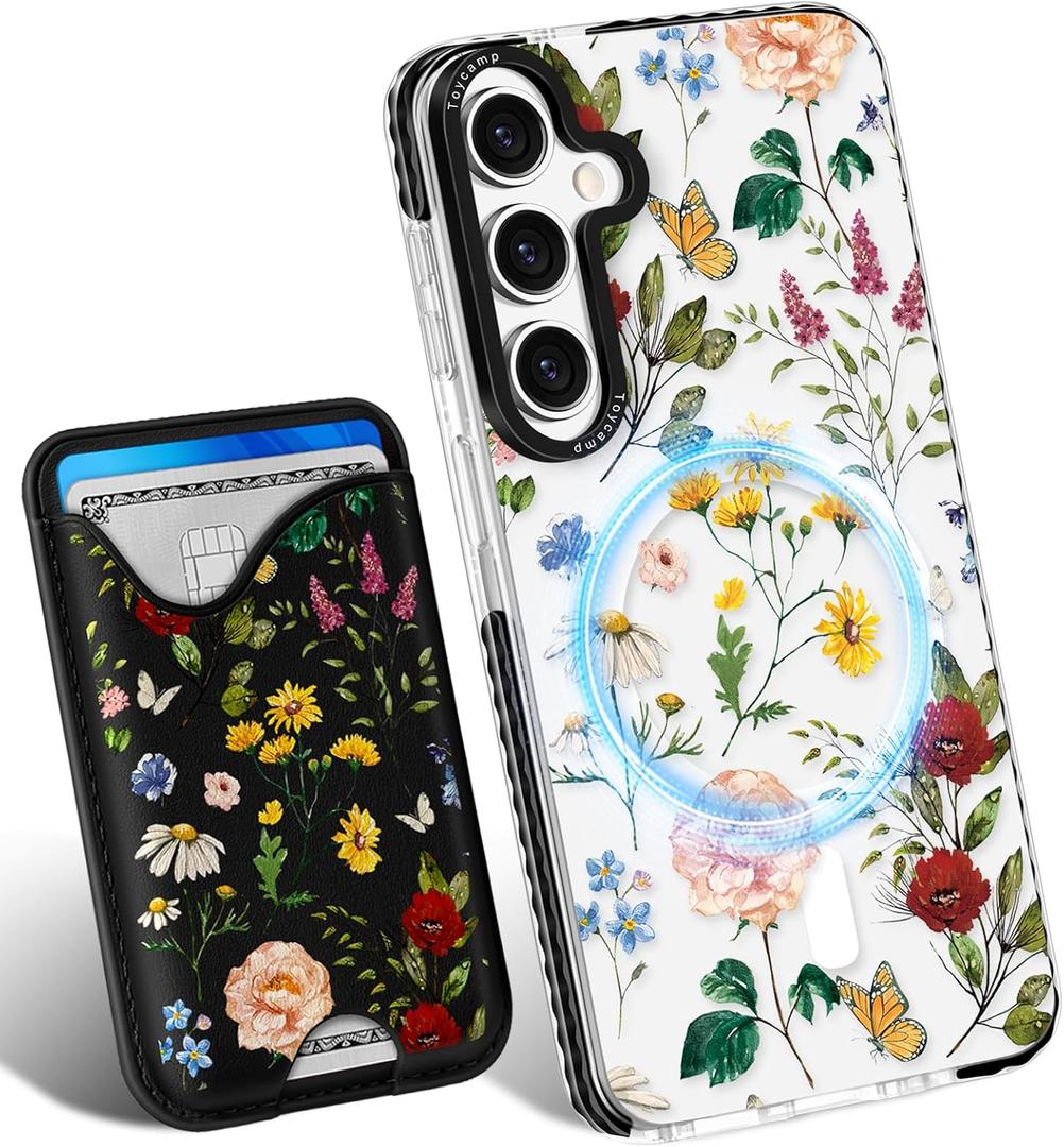 Toycamp for Samsung Galaxy S25 Case - Compatible with Magsafe Credit Card Holder Wallet Magnetic Cute Women Teen Girls Kawaii Girly Unique Flower Floral Design Phone Cover for Samsung S25