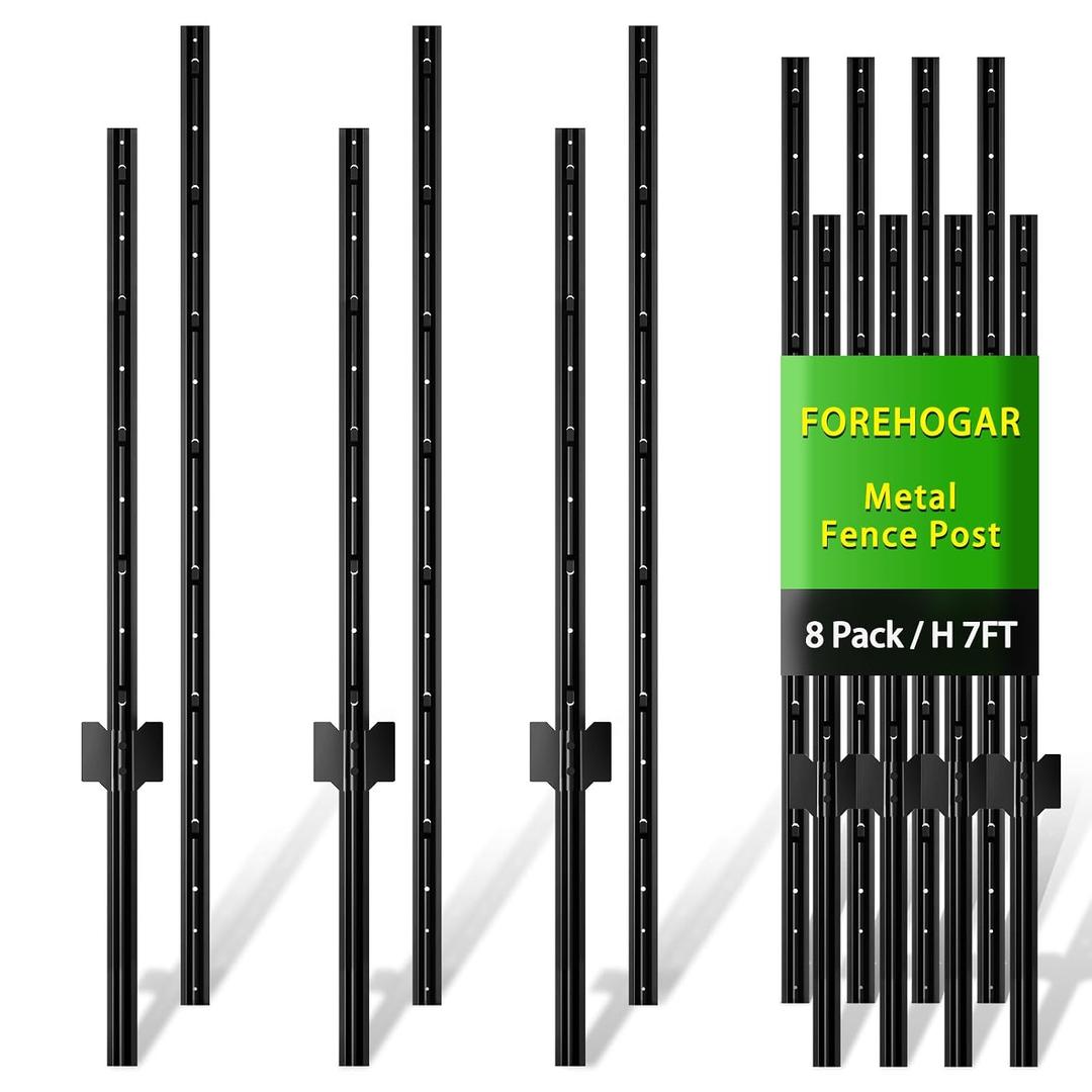 FOREHOGAR Metal Fence Post Black Splicing 7 feet, Pack of 8, T Posts for Fences Wire Mesh, No Dig Steel Stakes Fencing for Garden Yard Farm Outdoor Light Duty