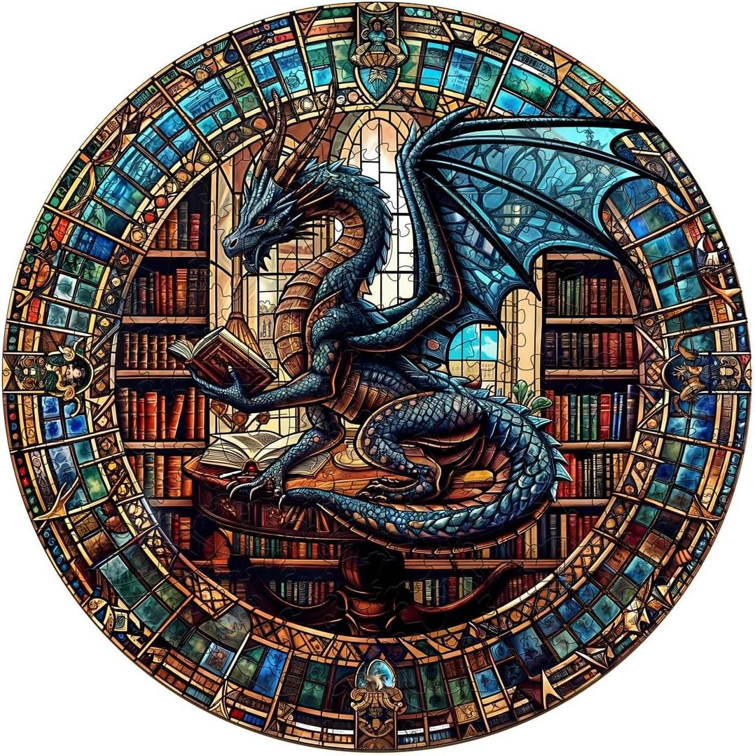 WOODBESTS Wooden Puzzles for Adults (100 Piece, S, 8.5"x8.5") Dragon's Library Puzzle Adult Puzzles, Wooden Jigsaw Puzzles Unique Shape, Birthday Gifts for Adults Family Game