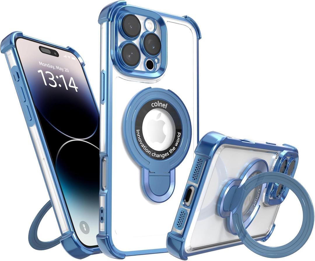 Magnetic case for iPhone 14 Pro with Full Camera Lens Protection(Compatible with MagSafe),Military Shockproof Slim Electroplate Bumper Clear Cover Built-in Invisible Ring Stand,Blue