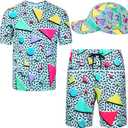 Handepo Retro 80s 90s Outfits for Men's 2 Pcs Tracksuit Hippie Shirt and Short Set with Hat for Neon Disco Party Costume (XX-Large, Elegant Color)